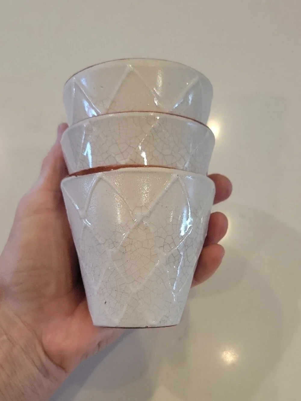 Pottery Barn White/ Cream Ceramic Planters with Terracotta Rim - Set of 3